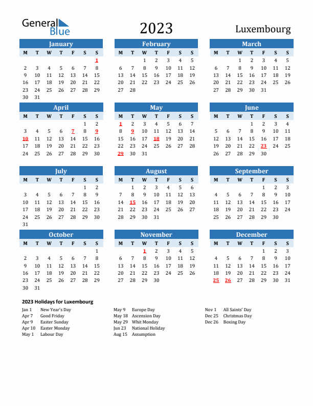 Printable Calendar 2023 with Luxembourg Holidays (Monday Start)