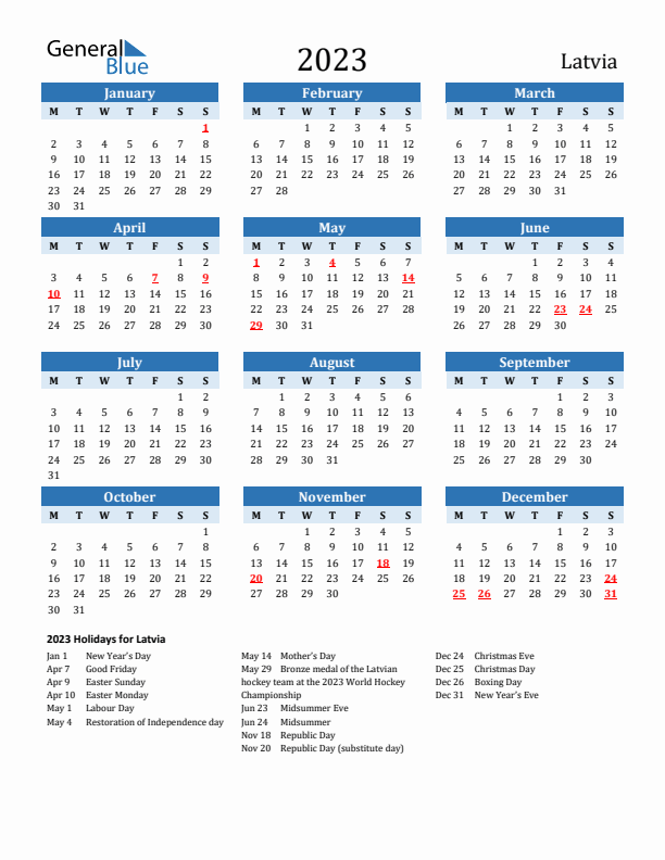 Printable Calendar 2023 with Latvia Holidays (Monday Start)