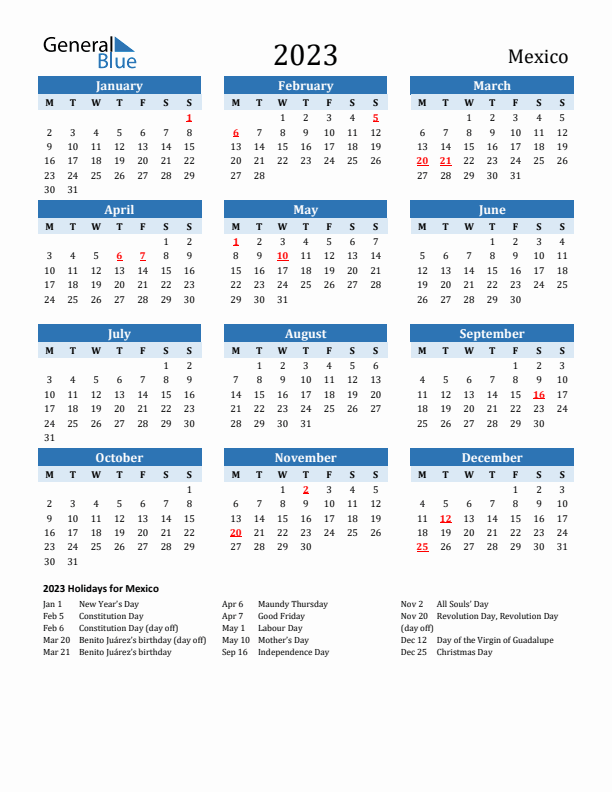 Printable Calendar 2023 with Mexico Holidays (Monday Start)