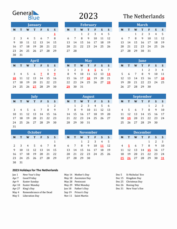 Printable Calendar 2023 with The Netherlands Holidays (Monday Start)