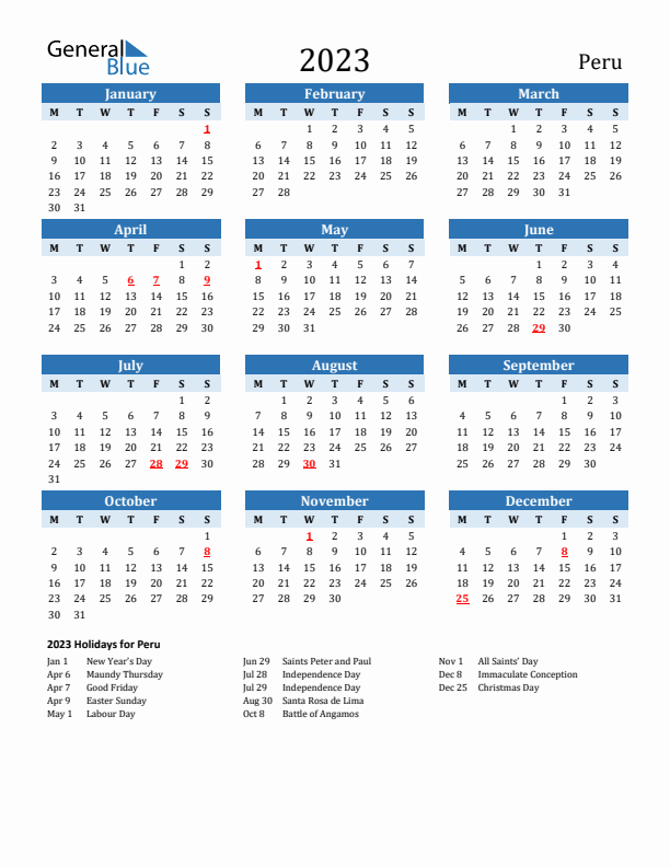 Printable Calendar 2023 with Peru Holidays (Monday Start)