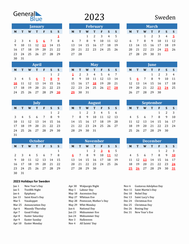 Printable Calendar 2023 with Sweden Holidays (Monday Start)