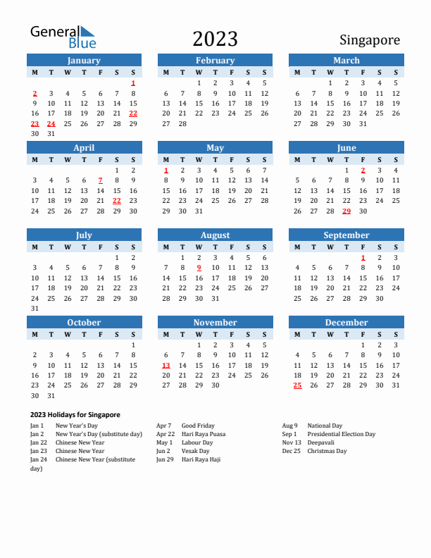 Printable Calendar 2023 with Singapore Holidays (Monday Start)