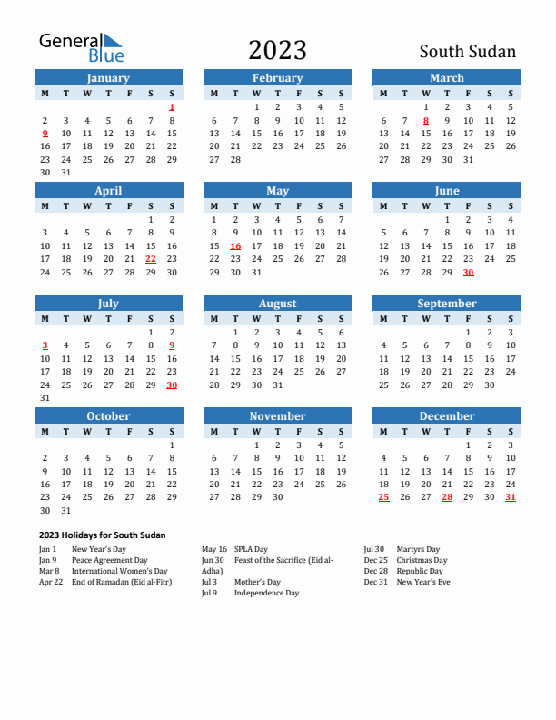 Printable Calendar 2023 with South Sudan Holidays (Monday Start)