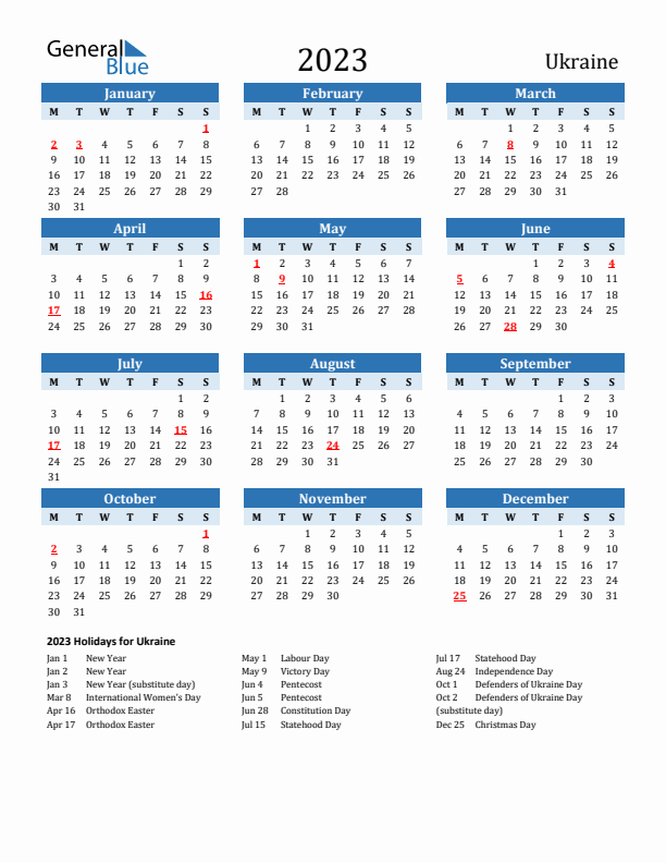 Printable Calendar 2023 with Ukraine Holidays (Monday Start)