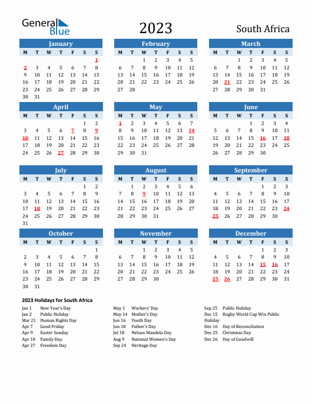 Printable Calendar 2023 with South Africa Holidays (Monday Start)