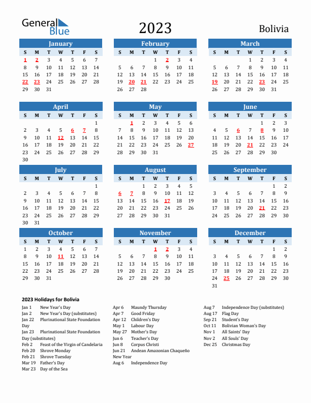 Printable Calendar 2023 with Bolivia Holidays (Sunday Start)