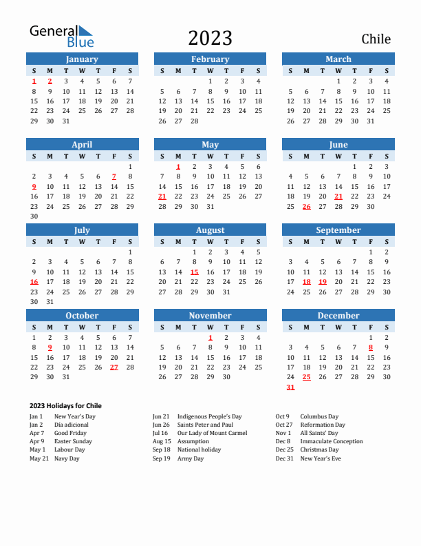 Printable Calendar 2023 with Chile Holidays (Sunday Start)