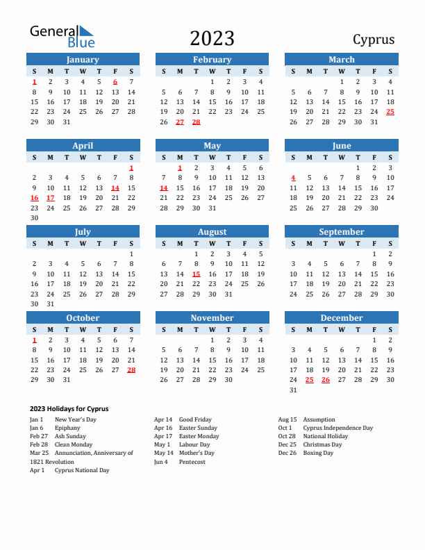 Printable Calendar 2023 with Cyprus Holidays (Sunday Start)