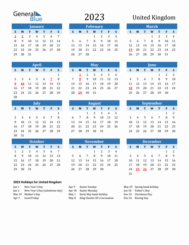 Printable Calendar 2023 with United Kingdom Holidays (Sunday Start)