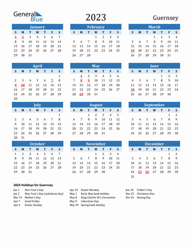 Printable Calendar 2023 with Guernsey Holidays (Sunday Start)