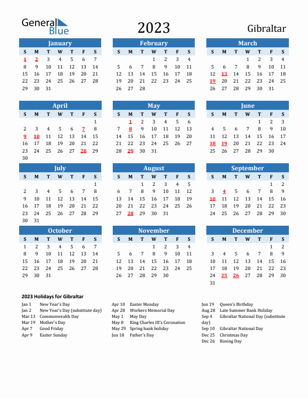 Printable Calendar 2023 with Gibraltar Holidays (Sunday Start)