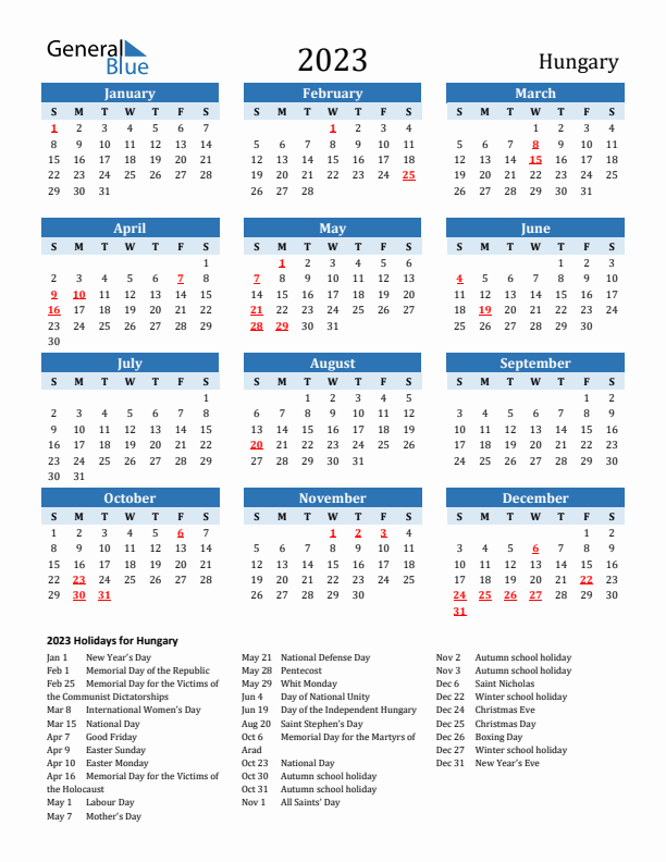 Printable Calendar 2023 with Hungary Holidays (Sunday Start)