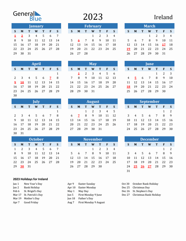 Printable Calendar 2023 with Ireland Holidays (Sunday Start)