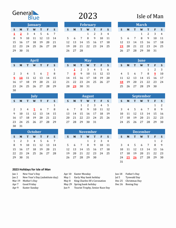 Printable Calendar 2023 with Isle of Man Holidays (Sunday Start)