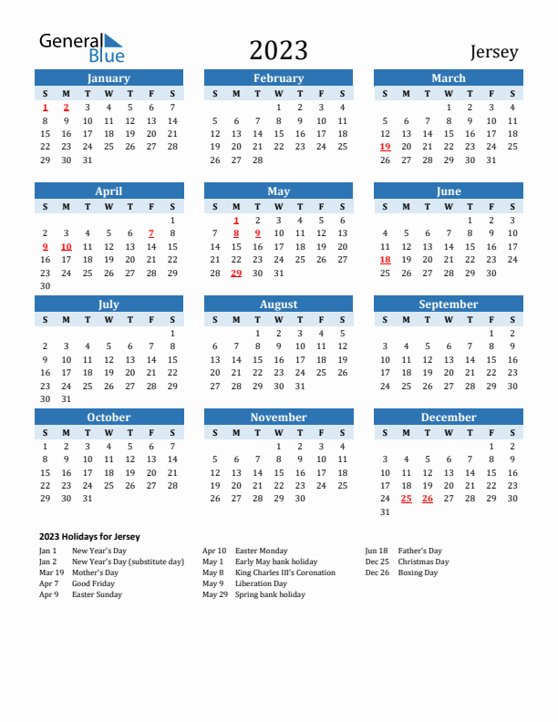 Printable Calendar 2023 with Jersey Holidays (Sunday Start)