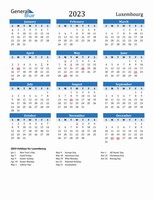 Printable Calendar 2023 with Luxembourg Holidays (Sunday Start)