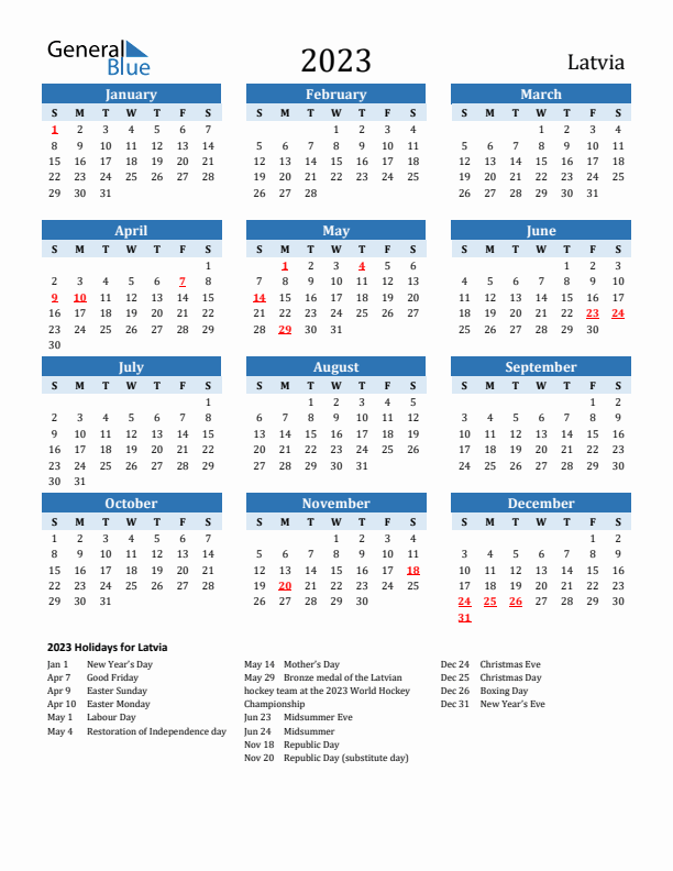 Printable Calendar 2023 with Latvia Holidays (Sunday Start)