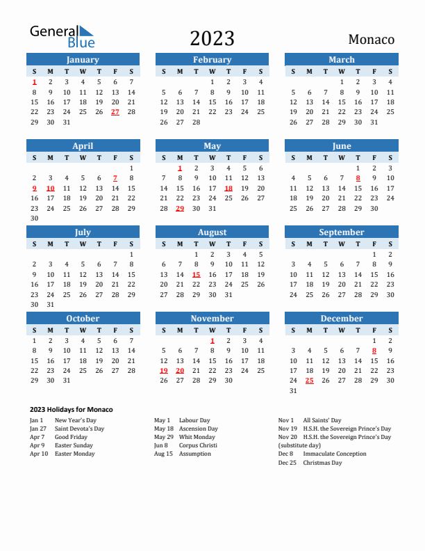 Printable Calendar 2023 with Monaco Holidays (Sunday Start)