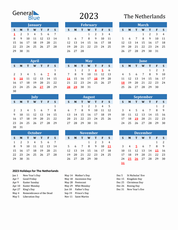 Printable Calendar 2023 with The Netherlands Holidays (Sunday Start)