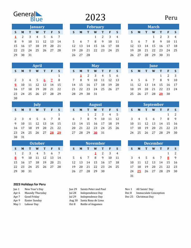 Printable Calendar 2023 with Peru Holidays (Sunday Start)