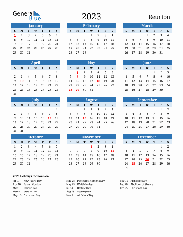 Printable Calendar 2023 with Reunion Holidays (Sunday Start)