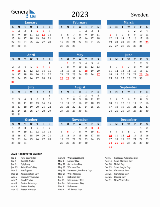 Printable Calendar 2023 with Sweden Holidays (Sunday Start)