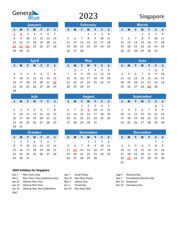 Printable Calendar 2023 with Singapore Holidays (Sunday Start)