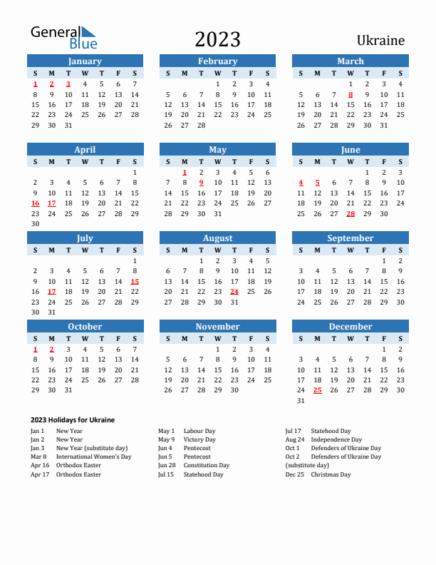 Printable Calendar 2023 with Ukraine Holidays (Sunday Start)