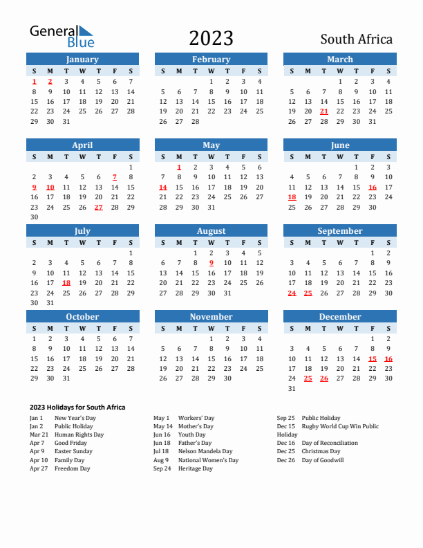 Printable Calendar 2023 with South Africa Holidays (Sunday Start)