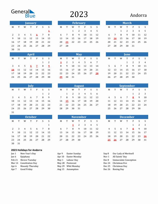 Andorra 2023 Calendar with Holidays