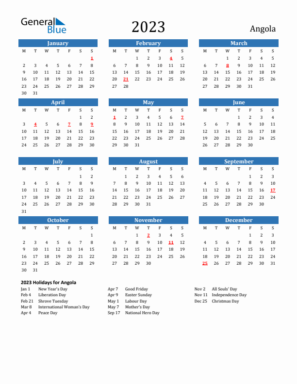 Angola 2023 Calendar with Holidays