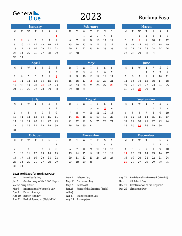 Burkina Faso 2023 Calendar with Holidays