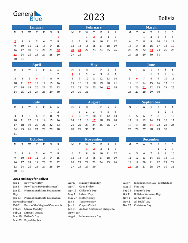 Bolivia 2023 Calendar with Holidays