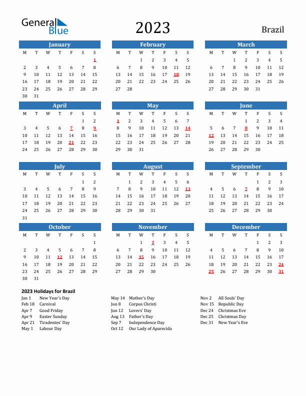 Brazil 2023 Calendar with Holidays