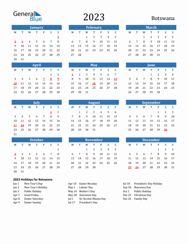 Botswana 2023 Calendar with Holidays