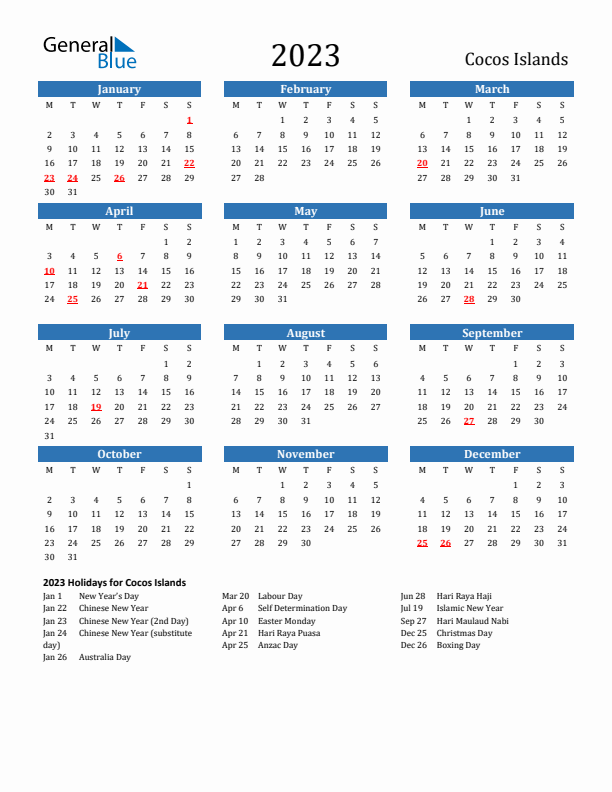 Cocos Islands 2023 Calendar with Holidays