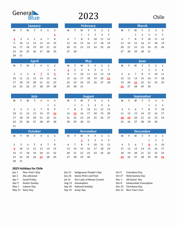 Chile 2023 Calendar with Holidays