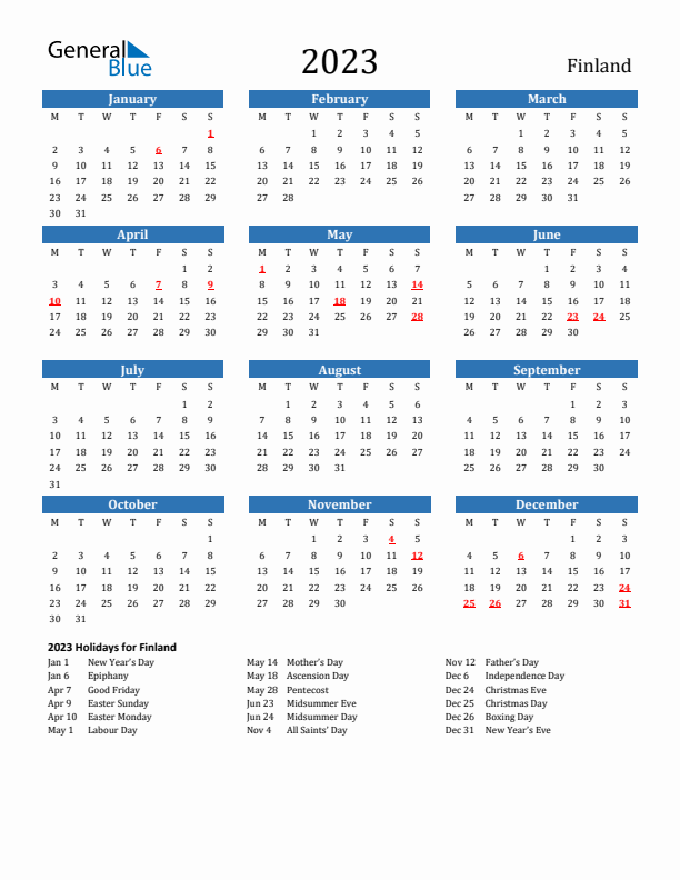 Finland 2023 Calendar with Holidays