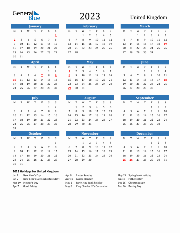 United Kingdom 2023 Calendar with Holidays