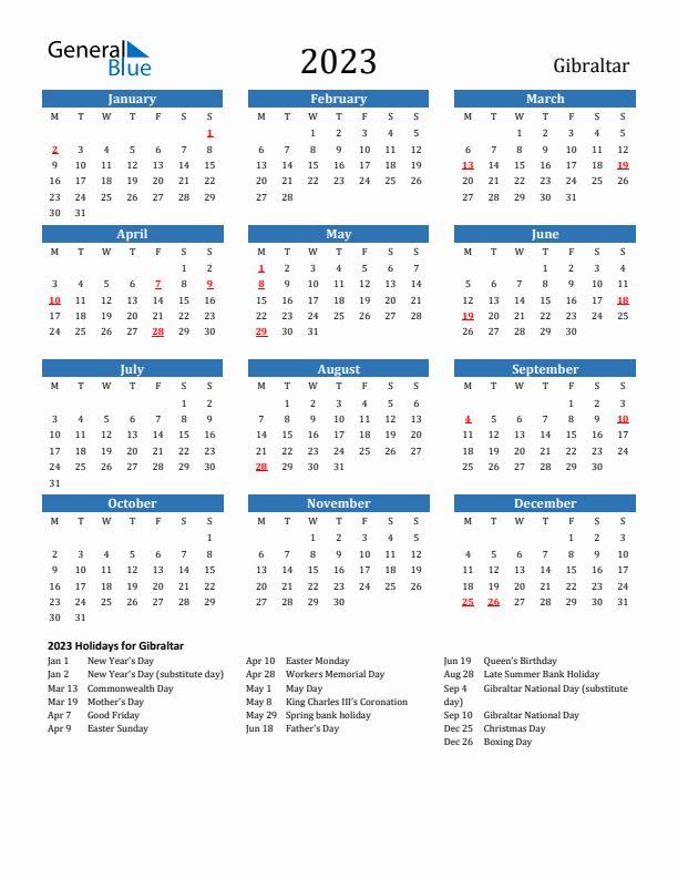 Gibraltar 2023 Calendar with Holidays