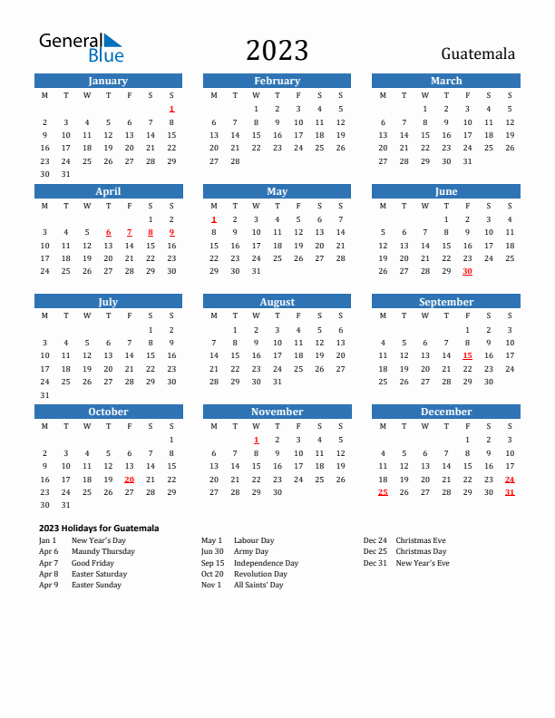 Guatemala 2023 Calendar with Holidays