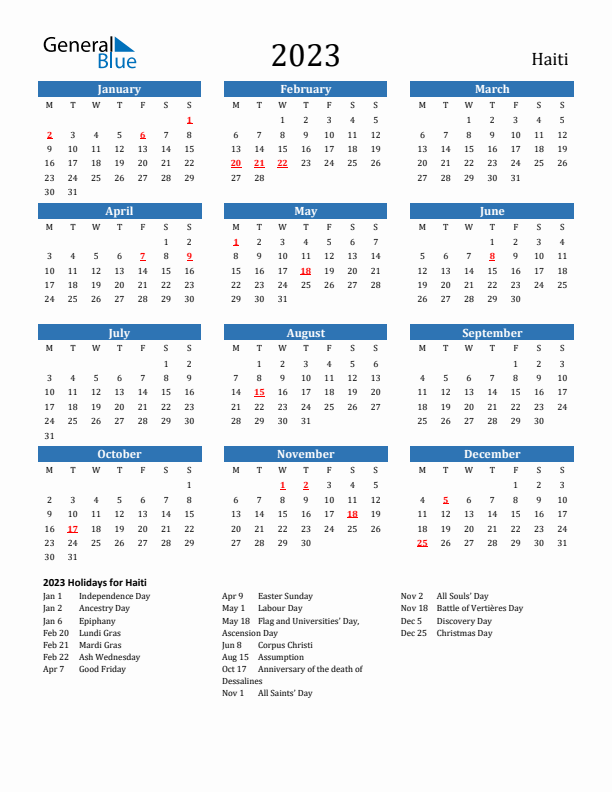 Haiti 2023 Calendar with Holidays