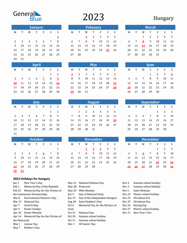 Hungary 2023 Calendar with Holidays