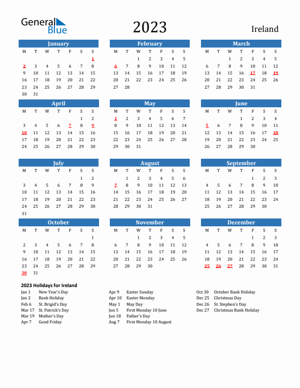 Ireland 2023 Calendar with Holidays