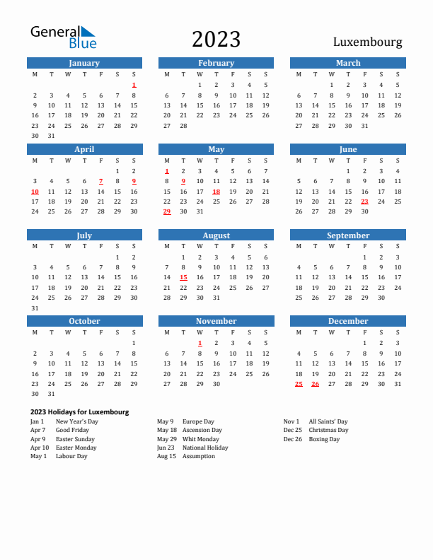 Luxembourg 2023 Calendar with Holidays