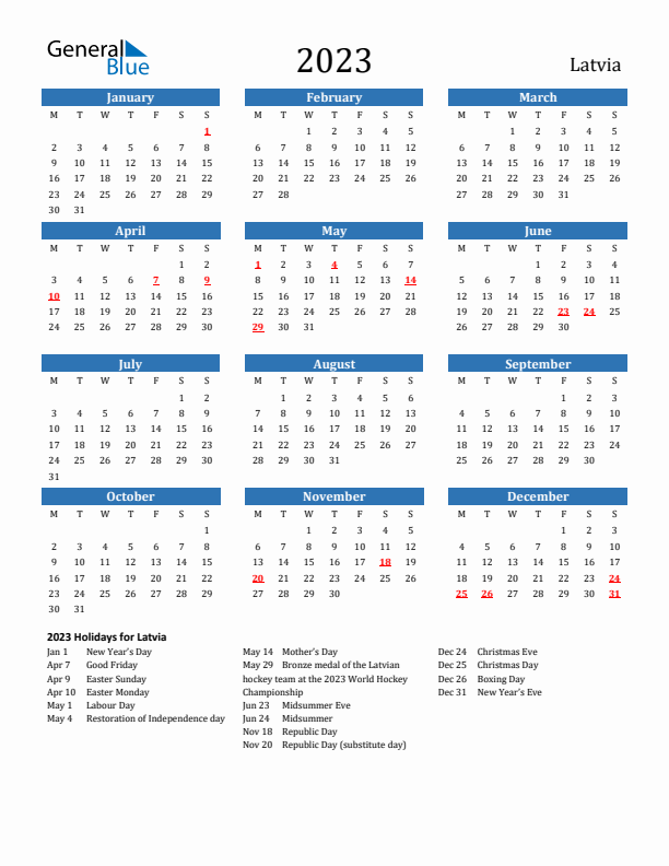 Latvia 2023 Calendar with Holidays