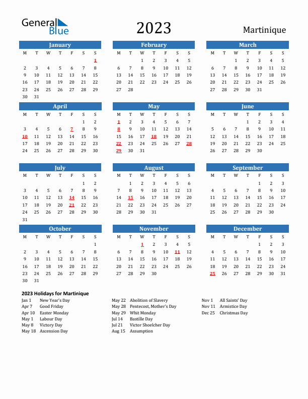 Martinique 2023 Calendar with Holidays