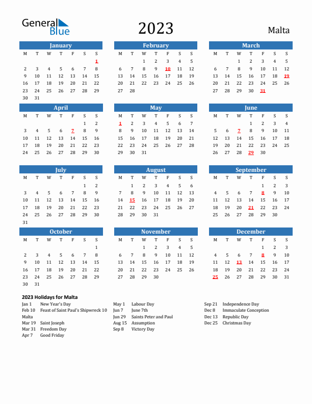 Malta 2023 Calendar with Holidays