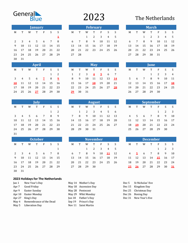 The Netherlands 2023 Calendar with Holidays